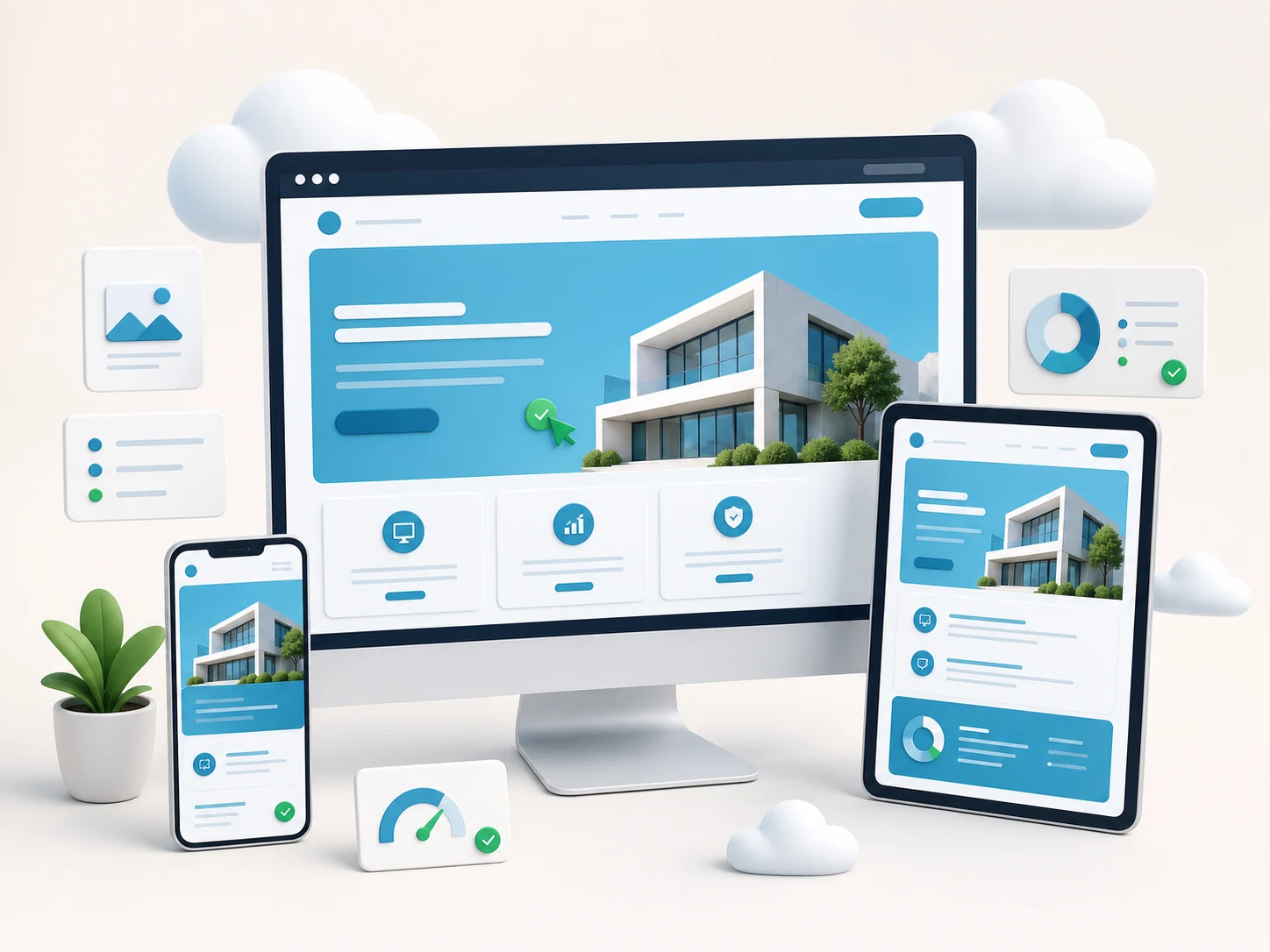 Responsive website displayed across desktop, tablet, and phone